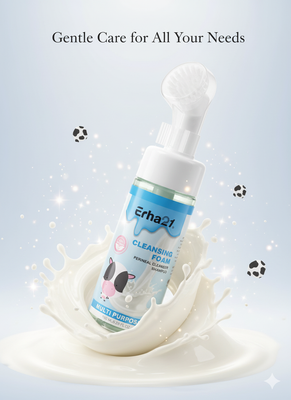 محصول Ema21: فوم پاککننده چندمنظوره با طراحی پمپی و تصویر گاو کارتونی، مناسب پوست، مو و نواحی حساس، حجم ۱۵۰ میلیلیتر.