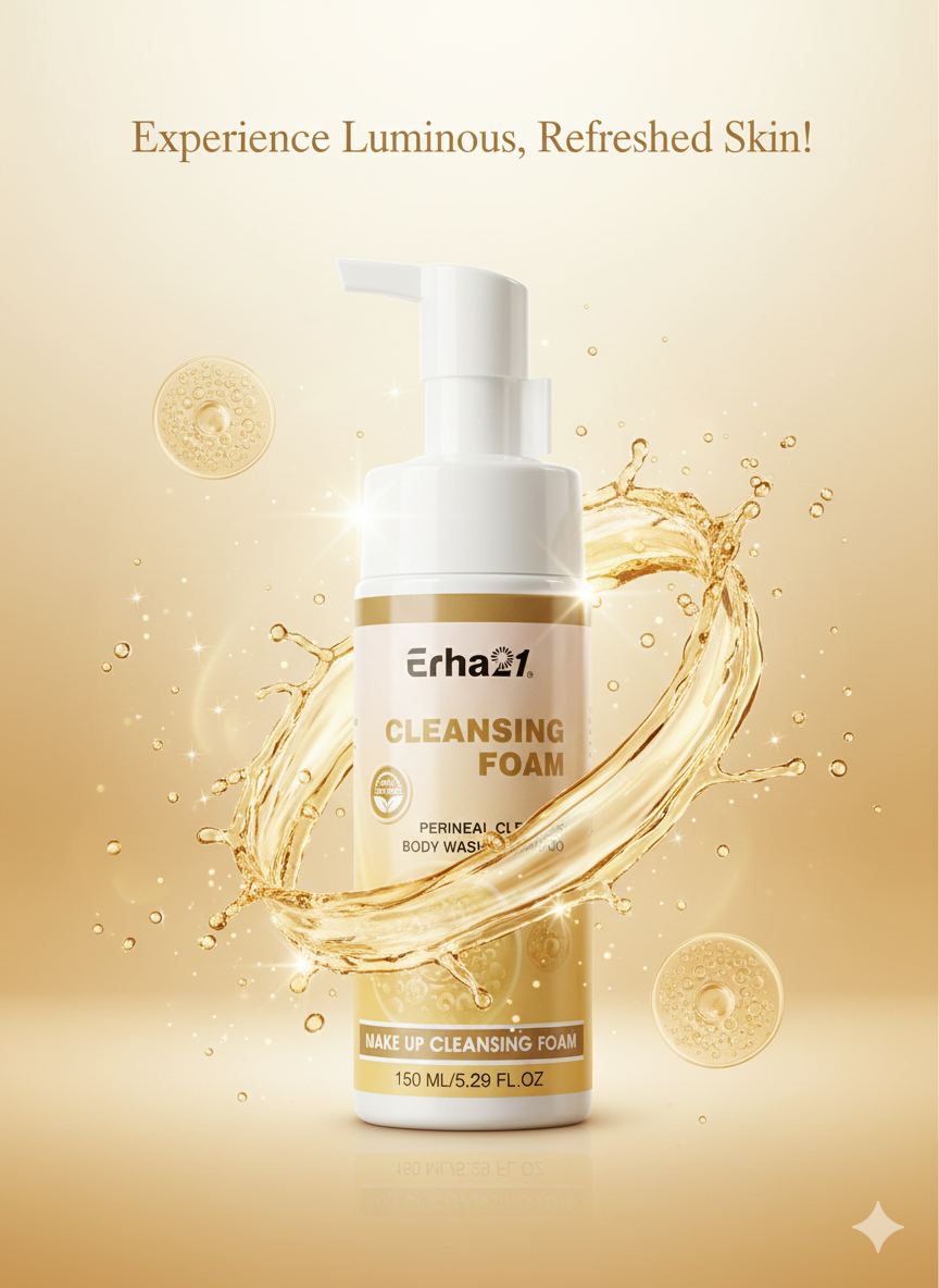 تصویر فوم پاک‌کننده صورت Erha21 با پمپ شفاف، مناسب پاکسازی آرایش و آلودگی‌ها برای پوست شاداب و درخشان