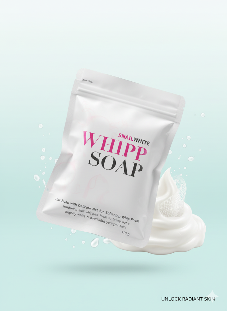 صابون SNAILWHITE WHIPP با طراحی سفید و صورتی، همراه تور کف‌ساز ابریشمی، مناسب روشن‌سازی و تغذیه پوست‌های جوان، وزن ۱۱۰ گرم.