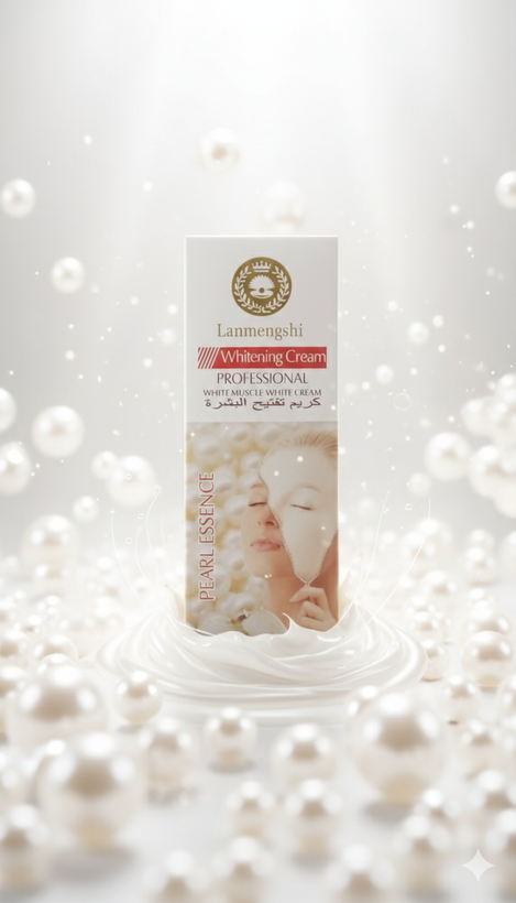 کرم سفیدکننده لانمنگشی مدل Pearl Essence با عصاره مروارید طبیعی و ویتامین C، مناسب برای روشنسازی، رطوبترسانی و بازسازی پوستهای تیره و خشک. طراحی بستهبندی سفید و طلایی با نماد سلطنتی، نشاندهنده کیفیت بالا و مراقبت تخصصی پوست است