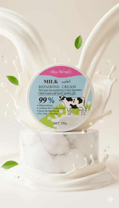 کرم ترمیمکننده شیر بز Miss Wendy روی پایه مرمری با پسزمینه شیر و برگ سبز - تصویر تبلیغاتی کرم با شیر گاوه و درصد ۹۹٪ ترکیبات طبیعی