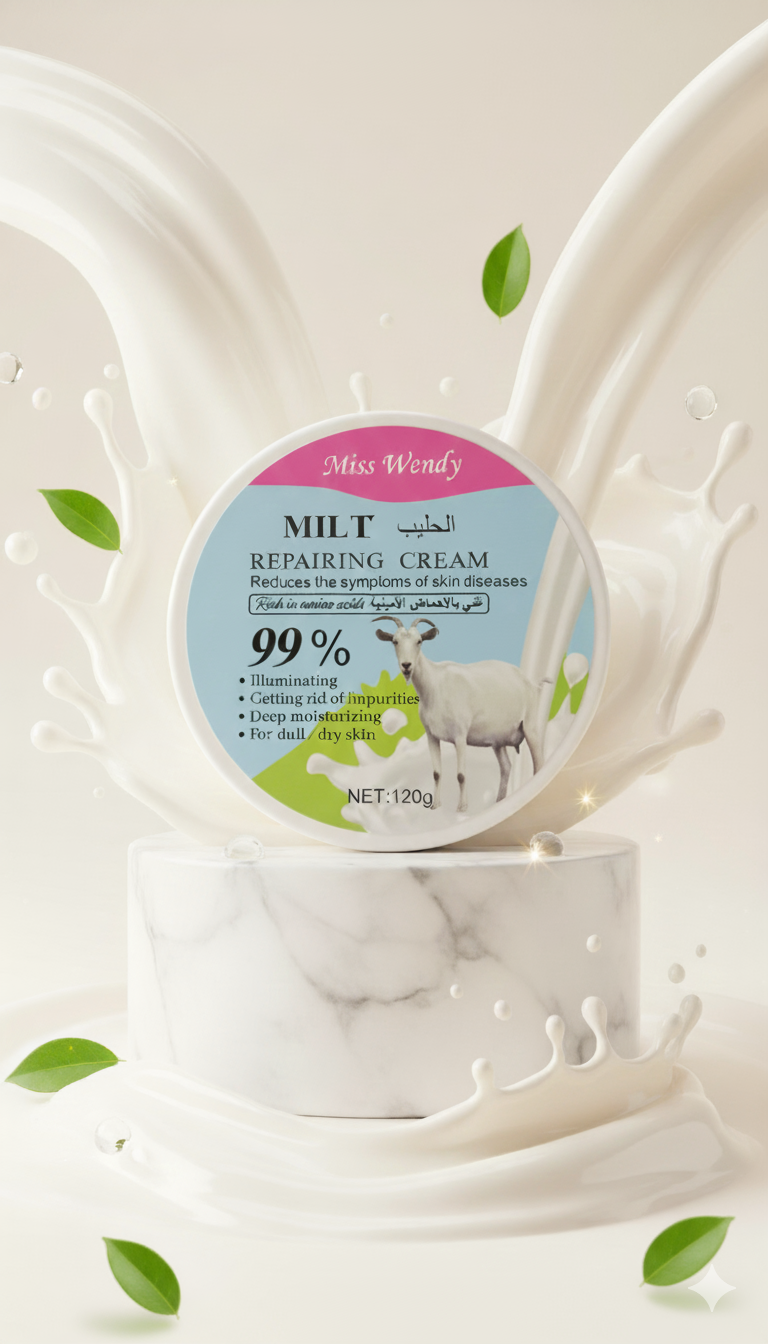 کرم ترمیم‌کننده شیر بز Miss Wendy روی پایه مرمری با پس‌زمینه شیر و برگ سبز - تصویر تبلیغاتی کرم  با بز و درصد ۹۹٪ ترکیبات طبیعی