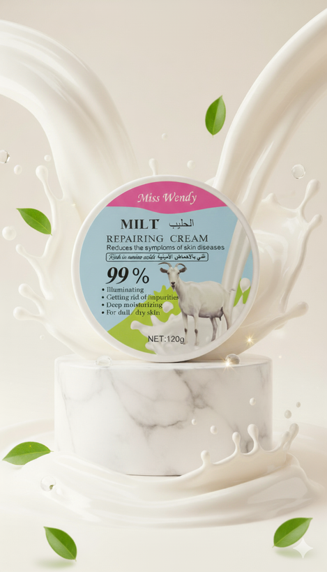 کرم ترمیمکننده شیر بز Miss Wendy روی پایه مرمری با پسزمینه شیر و برگ سبز - تصویر تبلیغاتی کرم با بز و درصد ۹۹٪ ترکیبات طبیعی