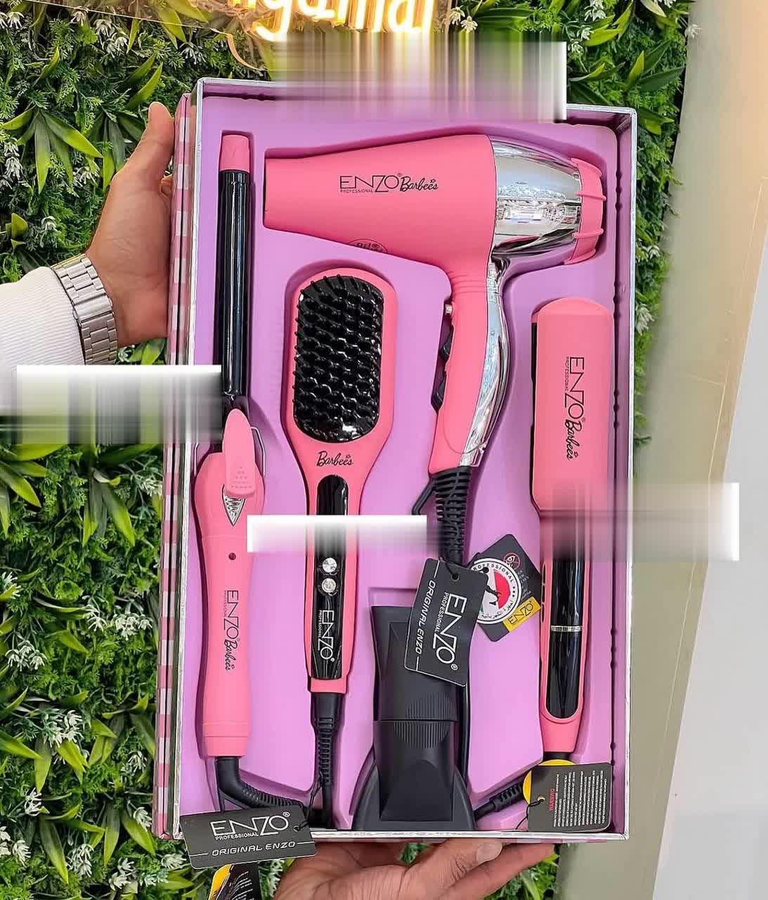 تصویر ست حالت‌دهنده مو ENZO Babala شامل سشوار، اتو مو، برس حرارتی و فرکننده صورتی