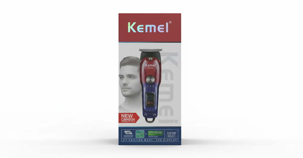 ماشین اصلاح Kemel مدل KM-5021 با بدنه قرمز و آبی، نمایشگر LCD و طراحی ارگونومیک مناسب برای اصلاح سر و صورت