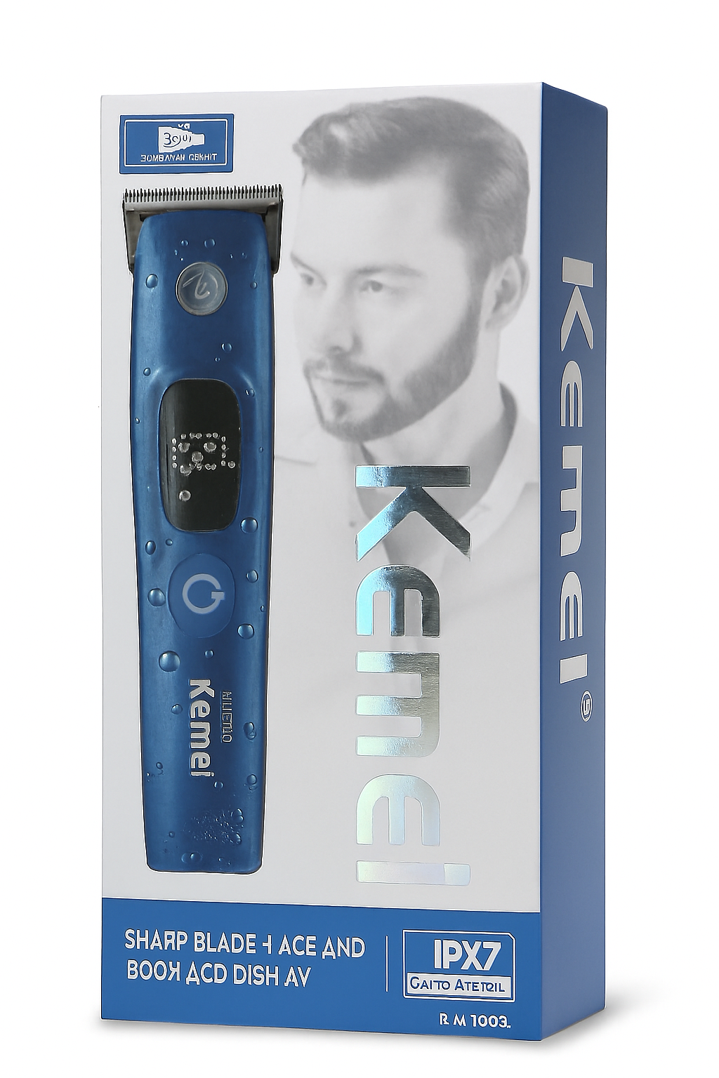 ماشین اصلاح Kemei KM-1000 با بدنه آبی، تیغه‌های تیز، نمایشگر LCD و قابلیت ضد آب IPX7 مناسب برای اصلاح صورت و بدن