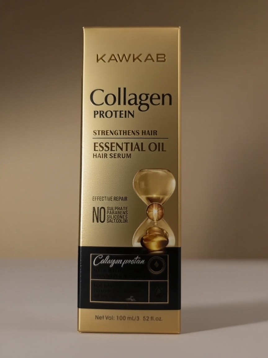 تصویر سرم مو کلاژن KAWKAB با بسته‌بندی طلایی، فاقد سولفات و مناسب ترمیم موهای آسیب‌دیده