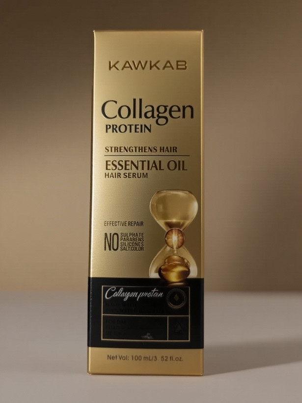 تصویر سرم مو کلاژن KAWKAB با بستهبندی طلایی، فاقد سولفات و مناسب ترمیم موهای آسیبدیده