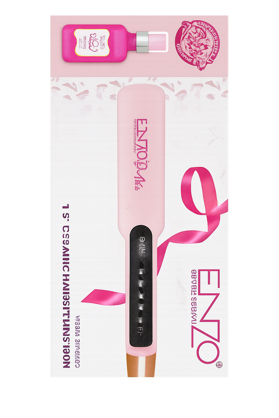 اتو مو سرامیکی ENZO مدل EN-3339 با طراحی صورتی باربی، نمایشگر دیجیتال و دمای قابل تنظیم تا 986 درجه فارنهایت.