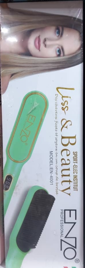 جعبه برس حرارتی مو ENZO مدل EN-4001 با طراحی سبز، تصویر زن با موهای صاف، نوشته‌های تبلیغاتی Liss & Beauty و Professional