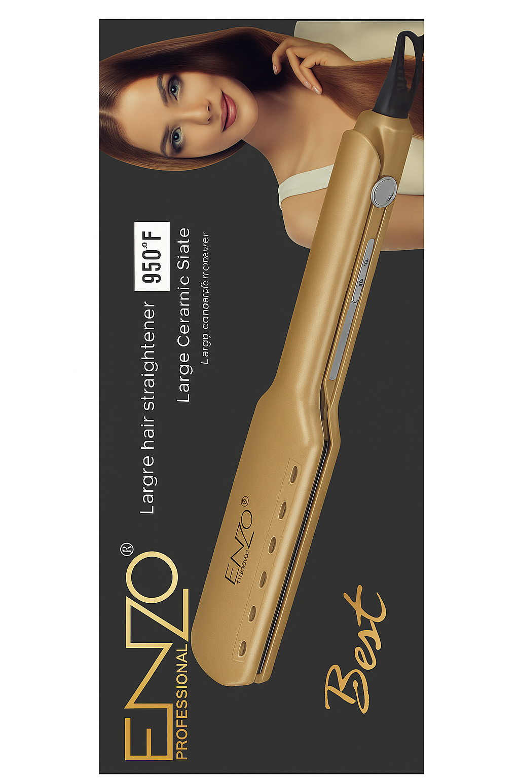 اتو مو سرامیکی ENZO مدل Large Size با طراحی طلایی، مناسب برای صاف‌کردن موهای بلند و حجیم