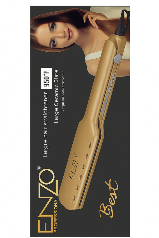 اتو مو سرامیکی ENZO مدل Large Size با طراحی طلایی، مناسب برای صافکردن موهای بلند و حجیم
