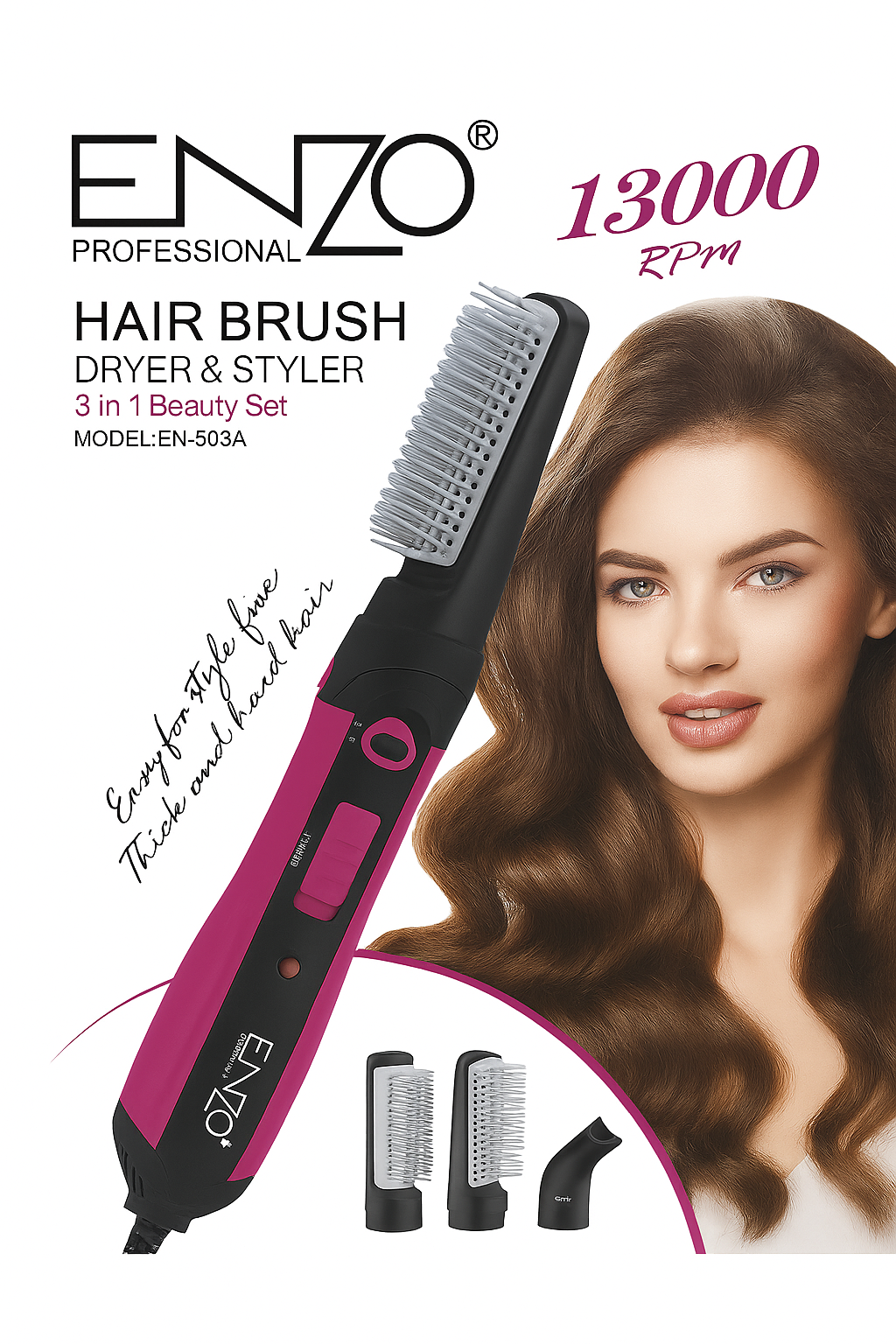 برس حرارتی و سشوار چندکاره ENZO مدل EN-503A با طراحی مشکی و صورتی، دارای سه سری قابل تعویض و مناسب برای حالت‌دهی و خشک‌کردن مو