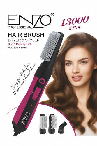 برس حرارتی و سشوار چندکاره ENZO مدل EN-503A با طراحی مشکی و صورتی، دارای سه سری قابل تعویض و مناسب برای حالتدهی و خشککردن مو