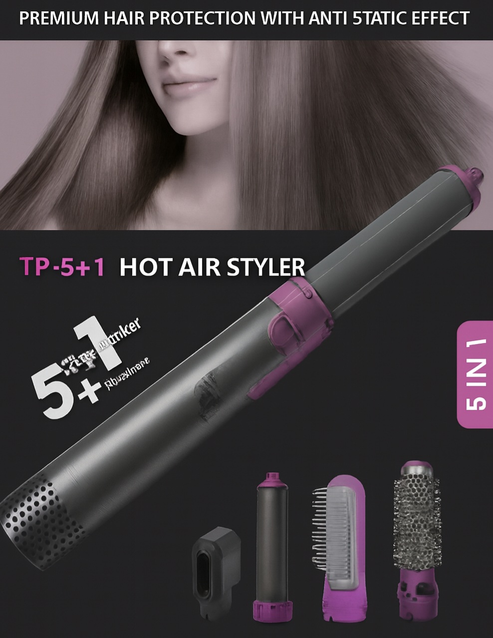 سشوار چندکاره TP-5+1 با طراحی مشکی و بنفش، شامل ۵ سری حالت‌دهنده مو و فناوری یون منفی برای محافظت از مو و کاهش الکتریسیته ساکن. مناسب برای صاف‌کردن، حجم‌دهی و فرکردن مو