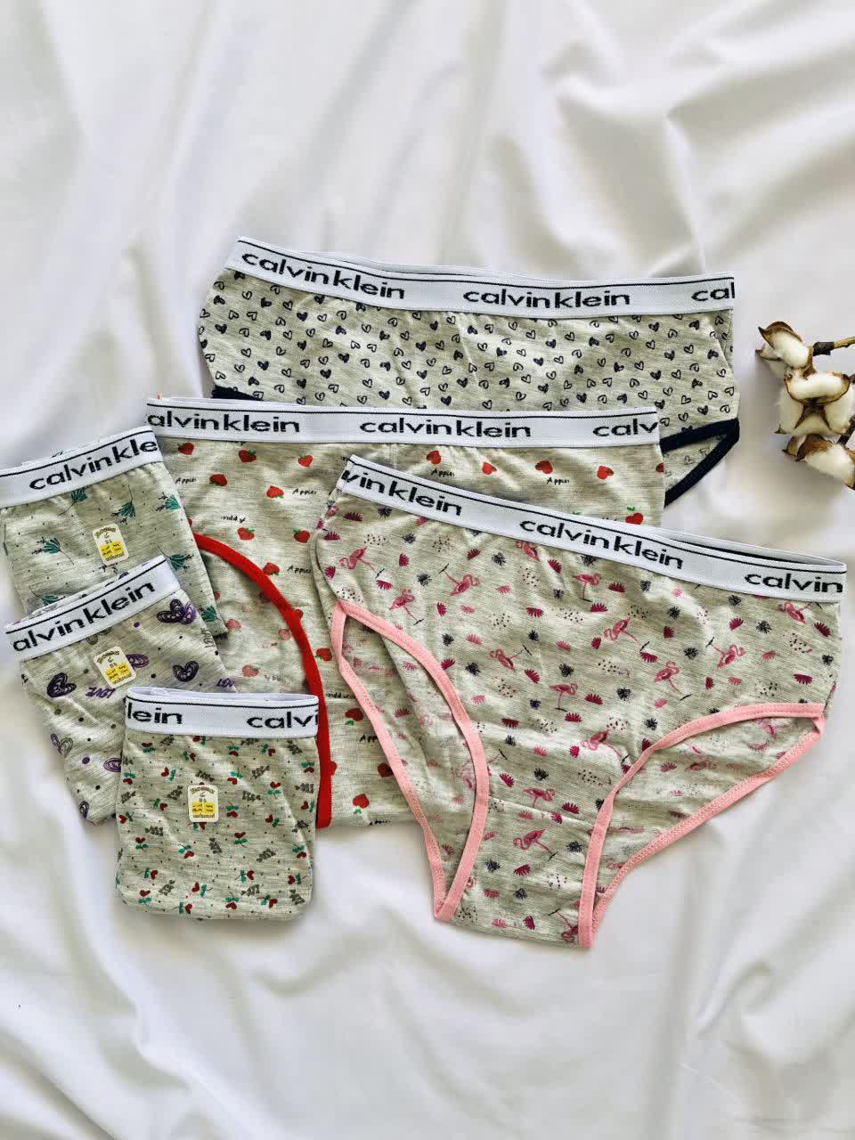 شورت زنانه اسلیپ برند Calvin Klein با کش اسپرت سفید و لوگوی مشکی، در طرح‌های فانتزی شامل قلب، گیلاس، فلامینگو و نقش‌های رنگی، چیده‌شده روی زمینه سفید همراه با شاخه پنبه برای نمایش لطافت پارچه