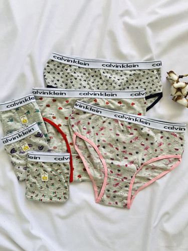 شورت زنانه اسلیپ برند Calvin Klein با کش اسپرت سفید و لوگوی مشکی، در طرحهای فانتزی شامل قلب، گیلاس، فلامینگو و نقشهای رنگی، چیدهشده روی زمینه سفید همراه با شاخه پنبه برای نمایش لطافت پارچه