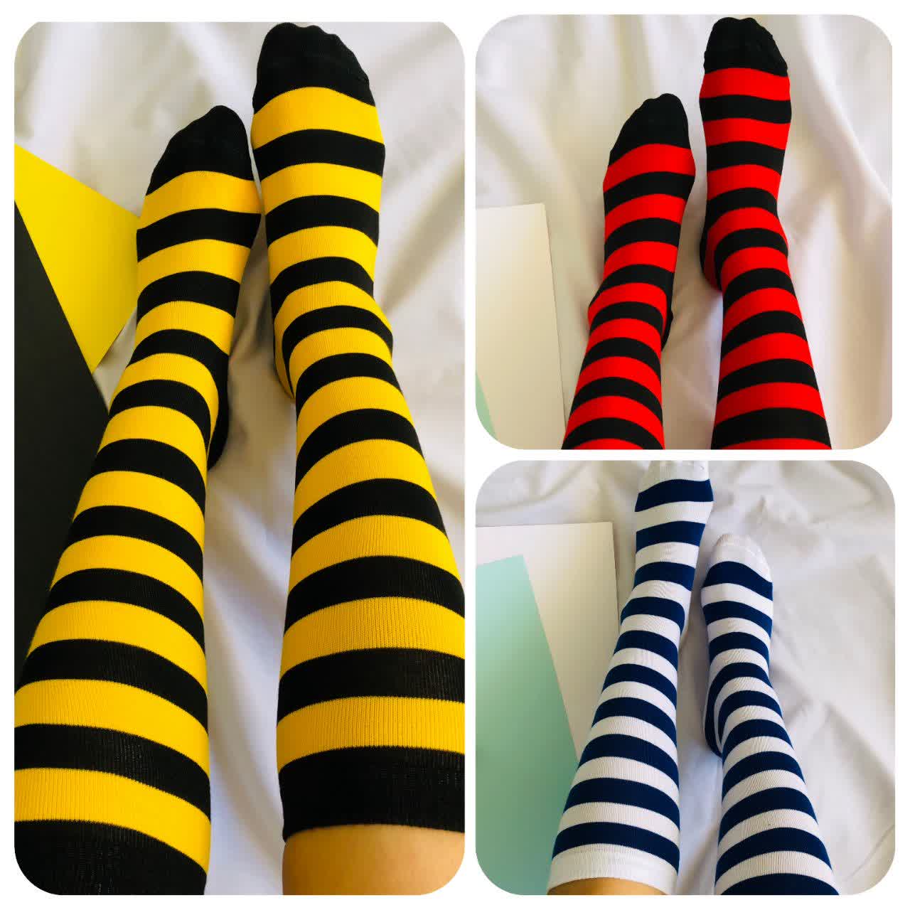 جوراب زنانه سه‌ربع زیرزانو با طرح راه‌راه در رنگ‌های مشکی-زرد، مشکی-قرمز و سرمه‌ای-سفید، مناسب استایل اسپرت و روزمره، نمایش داده‌شده روی زمینه سفید