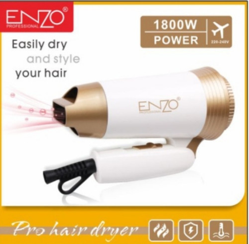 سشوار Enzo مدل EN-607 با طراحی سفید و طلایی، دسته تاشو و توان ۱۸۰۰ وات