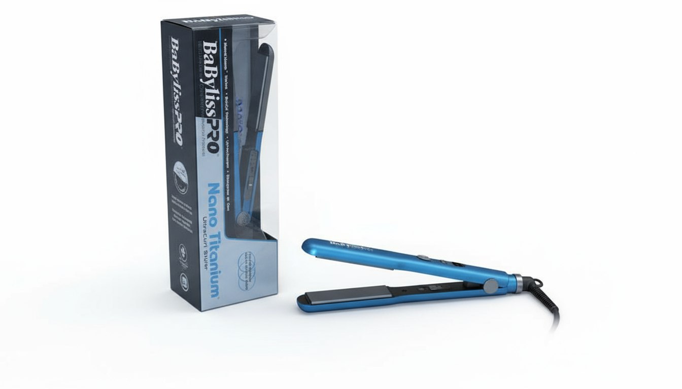اتوی مو BaBylissPRO مدل UltraCurl با طراحی آبی متالیک و بسته‌بندی شفاف، مناسب برای صاف‌کردن و فرکردن مو.