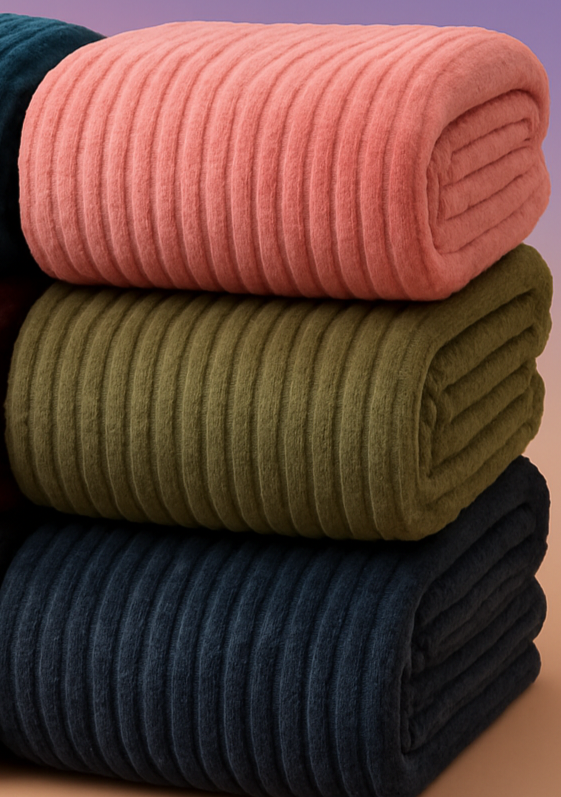 پتو بافت‌دار رول‌شده در سه رنگ سبز روشن، قرمز تیره و طوسی، با بافت افقی و ظاهر نرم، چیده‌شده روی زمینه کرم؛ مناسب برای دکوراسیون منزل، اتاق خواب و هدیه زمستانی