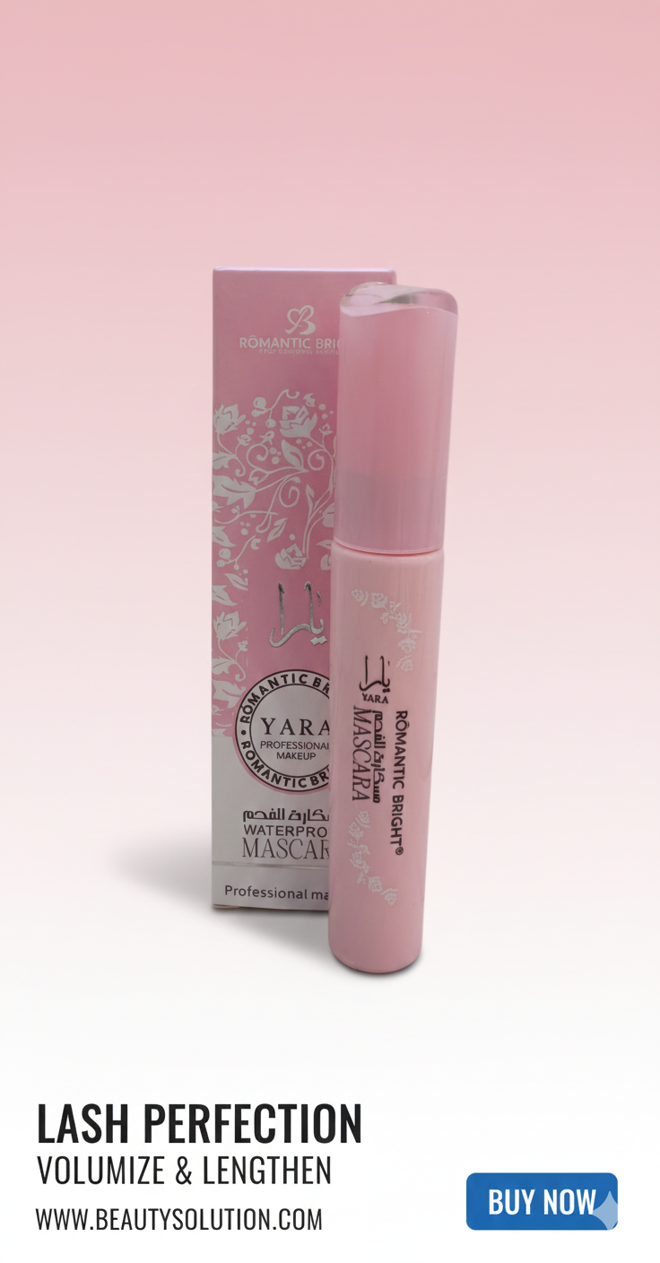 ریمل ضد آب یارا ROMANTIC BRIGHT® با بسته‌بندی صورتی، حاوی موم طبیعی و مناسب آرایش حرفه‌ای