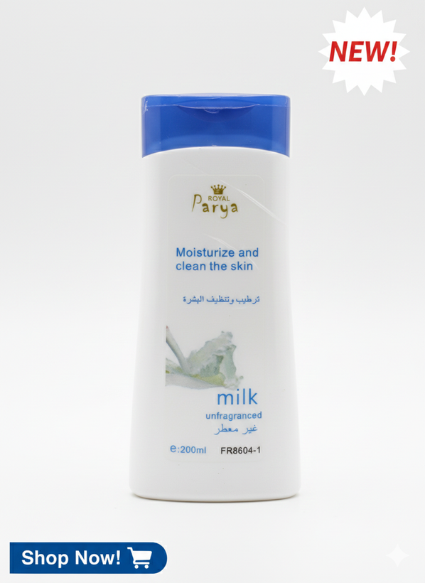 «لوسیون شیر بدن پریا رویال مدل Milk بدون عطر؛ مرطوبکننده و پاککننده پوست، مناسب پوست حساس – 200 میلیلیتر»