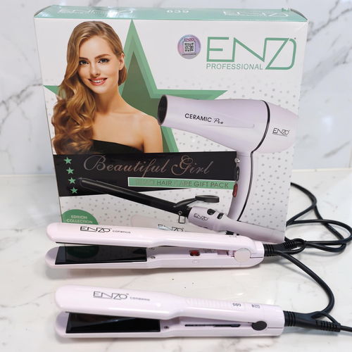 بسته هدیه مراقبت از مو ENZO Professional مدل EN-6309 شامل سشوار سرامیکی CERAMIC Pro و اتو مو سرامیکی ENZO با طراحی جعبه سبز و تصویر مدل زن.»