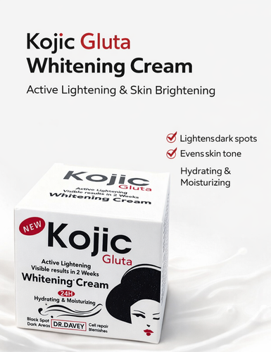 کرم روشنکننده کوجیک گلوتا دکتر دیوی، سفیدکننده و ضد لک با کوجیک اسید و گلوتاتیون، مناسب برای روشن کردن نواحی تیره، آبرسانی ۲۴ ساعته و ترمیم سلولی. نتایج قابل مشاهده در ۲ هفته.