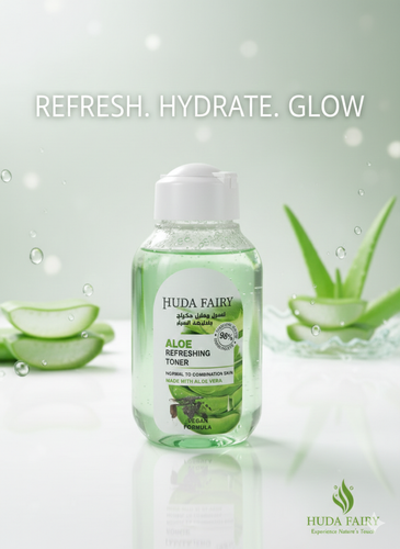 تونر آلوئهورا برند Huda Fairy مدل Refreshing مخصوص پوستهای نرمال تا مختلط با فرمولاسیون وگان