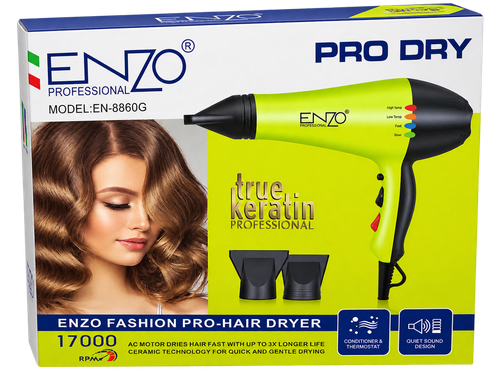 سشوار حرفهای ENZO مدل EN-8860G توان 1700 وات با موتور AC و فناوری سرامیکی